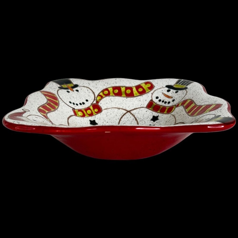 Grasslands Road Pottery Snowman Bowl Hats Winter Christmas Holiday Speckled Red - Picture 2 of 9